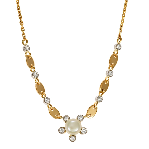 Collier, 14K, Gelbgold, Perle, Brillanten