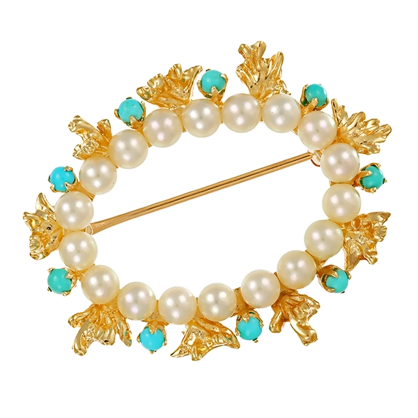 Brosche, 14K, Gelbgold, Perlen, Türkise
