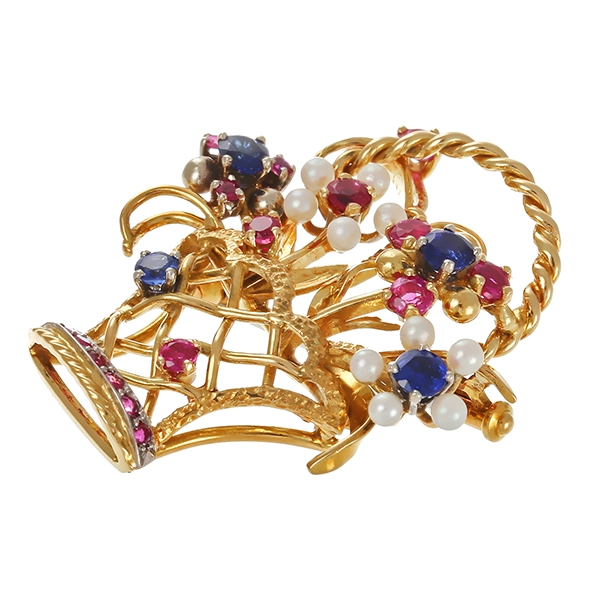 Brosche, 18K, Gelbgold, Perlen, Rubine, Saphire