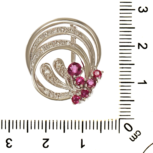 Brosche, 14K, Weißgold, Diamant, Rubin