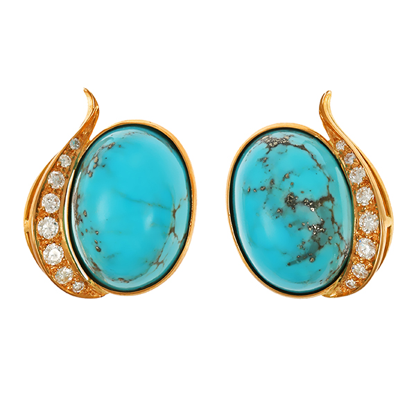 Ohrclips, 18K, Gelbgold, Türkis, Brillant
