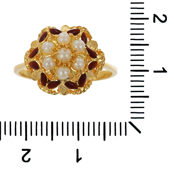 Ring, 18K, Gelbgold, Perlen, Emaille