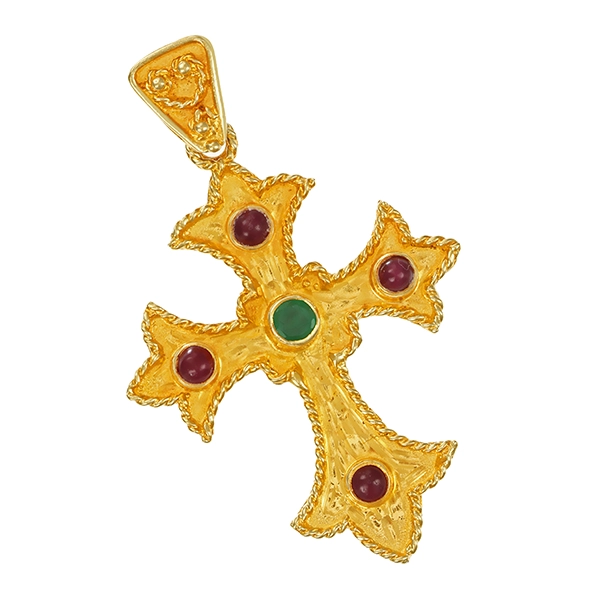 Anhänger, 14K, Gelbgold, Rubine, Smaragd, Kreuz