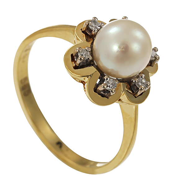Ring, 14K, Gelbgold, Perle, Diamant