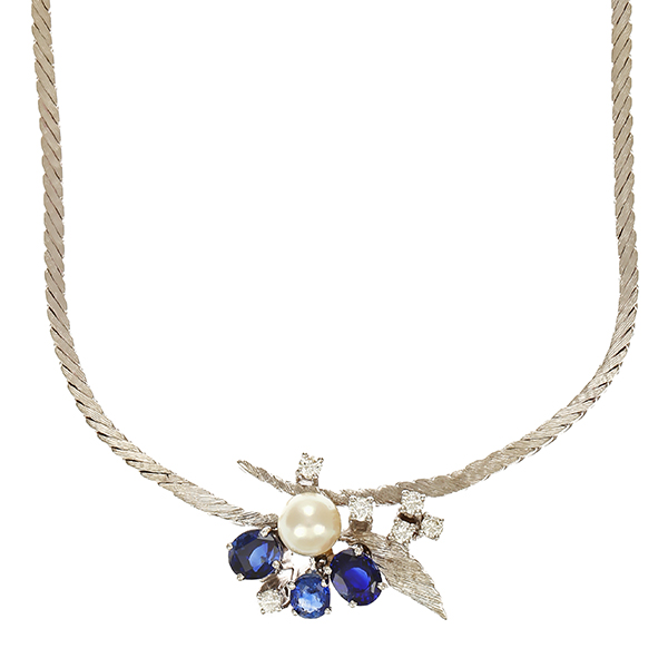 Collier, 14K, Weißgold, Perle, Saphir, Brillanten 0,36 ct