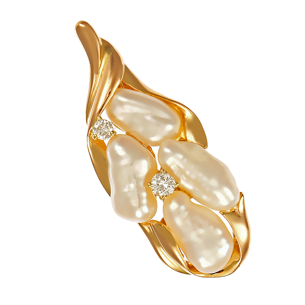 Clip-Anhänger, 14K, Gelbgold, Keshi-Perlen, Brillanten 