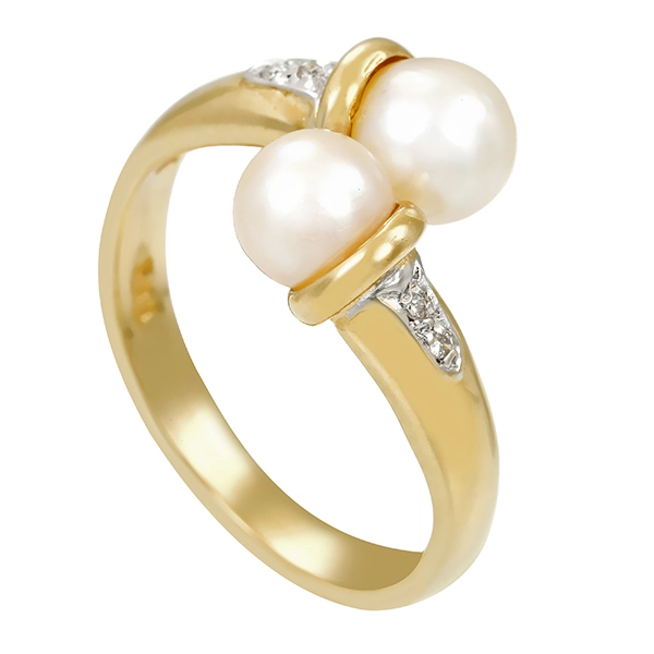 Ring, 14K, Gelbgold, Perlen, Brillanten