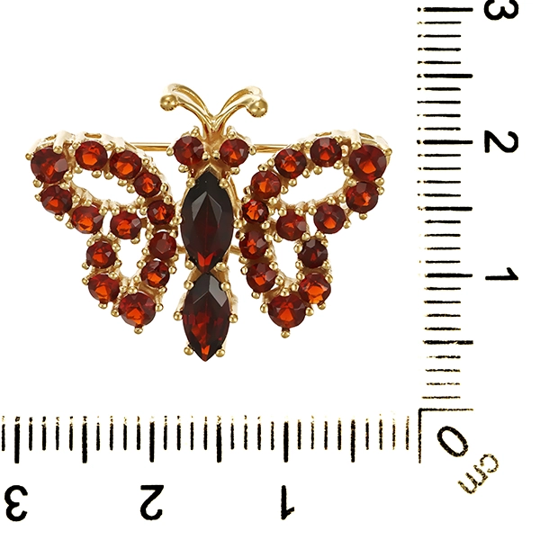 Brosche, 9K, Gelbgold, Granat, Schmetterling
