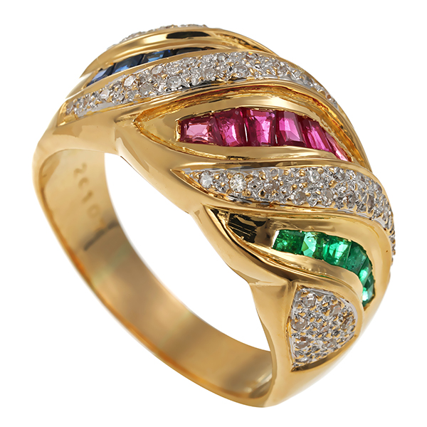 Ring, 18K, Gelbgold, Rubin, Smaragd, Saphir, Diamanten