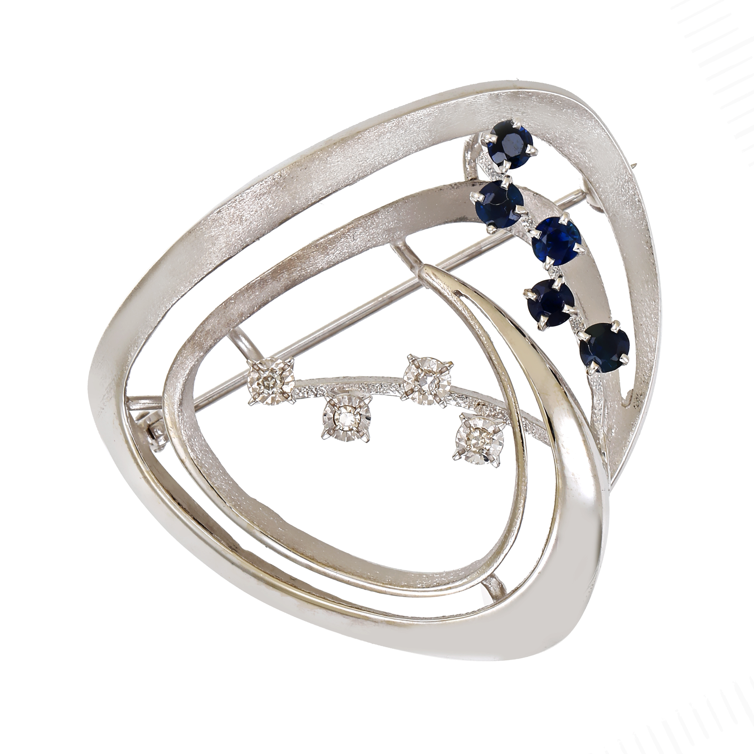 Brosche, 14K, Weißgold, Saphire, Diamanten