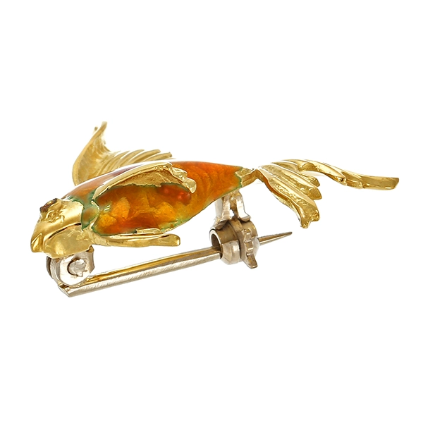 Brosche, 18K, Gelbgold, Fisch mit Emaille
