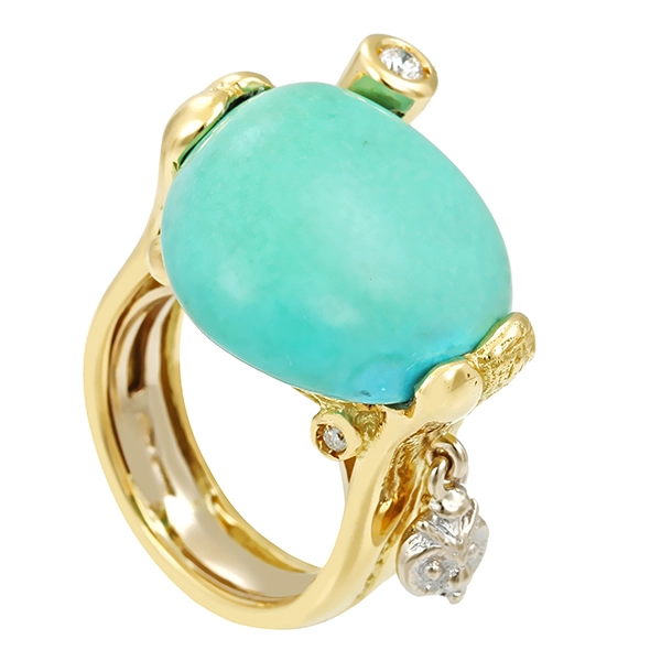 Ring, 18K, Gelbgold,. Türkis, Brillanten