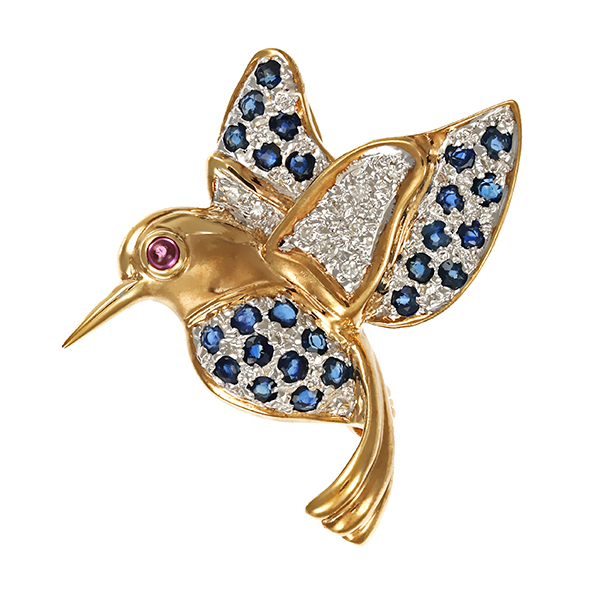 Brosche, 8K, Gelb-/Weißgold, Saphir, Diamant
