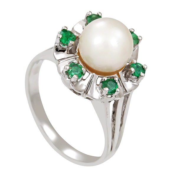 Ring, 14K, Weißgold, Perle, Smaragde