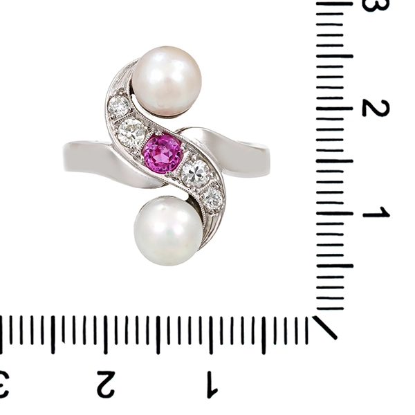 Ring, 14K, Weißgold, Perlen, Diamanten, Rubin