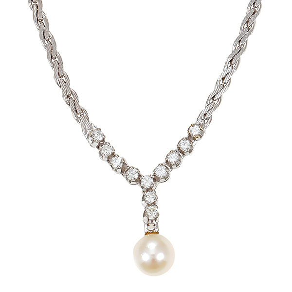 Collier, 14K, Weißgold, Zuchtperle, Brillanten