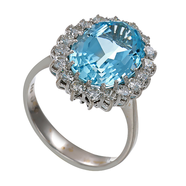 Ring, 14K, Weißgold, Brillant, Auqamarin