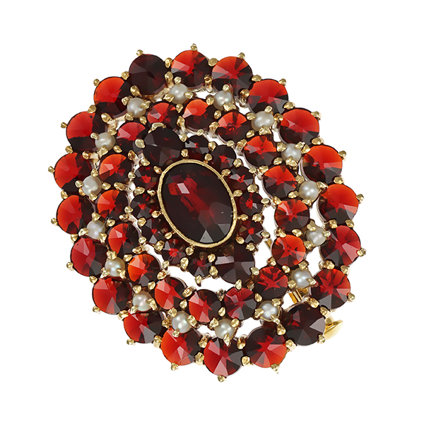 Brosche, 14K, Gelbgold, Granat, Perlen