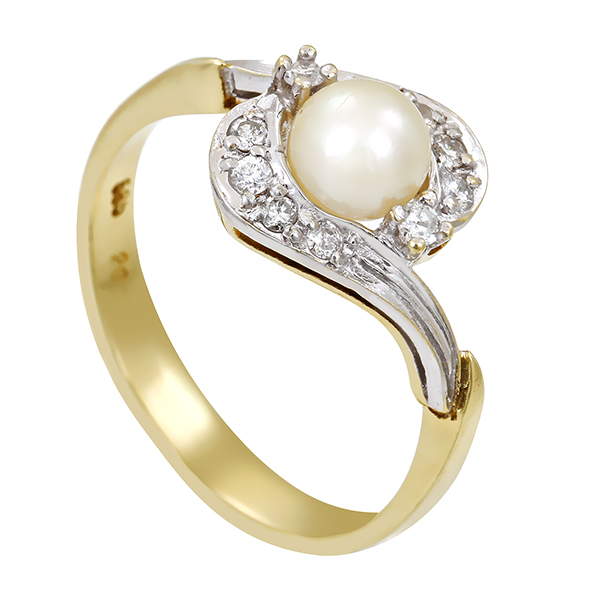 Ring, 14K, Gelb-/Weißgold, Perle, Brillanten 0,12 ct