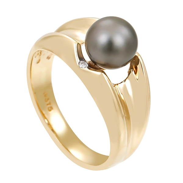 Ring, 9K, Gelbgold, Perle, Brillanten