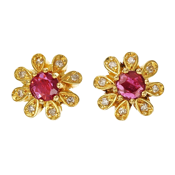 Ohrstecker, 14K, Gelbgold, Rubine, Diamanten