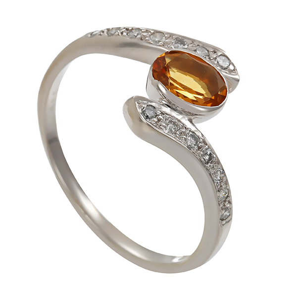 Ring, 14K, Weißgold, Citrin, Brillanten 