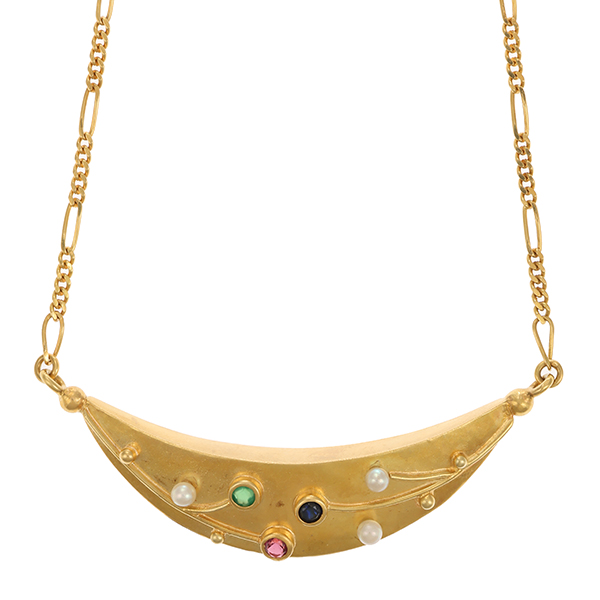 Collier, 18K, Gelbgold, Rubin, Smaragd, Saphir, Perlen