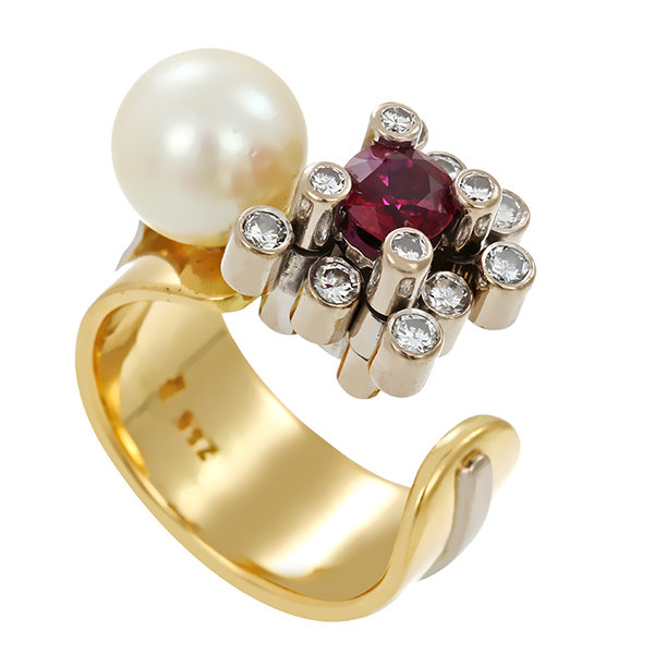 Ring, 18K, Gelb-/Weißgold, Rubin, Perle, Brillanten