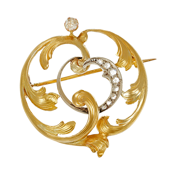 Brosche, 18K, Gelb-/Weißgold, Diamant, Diamantrosen, Antik,