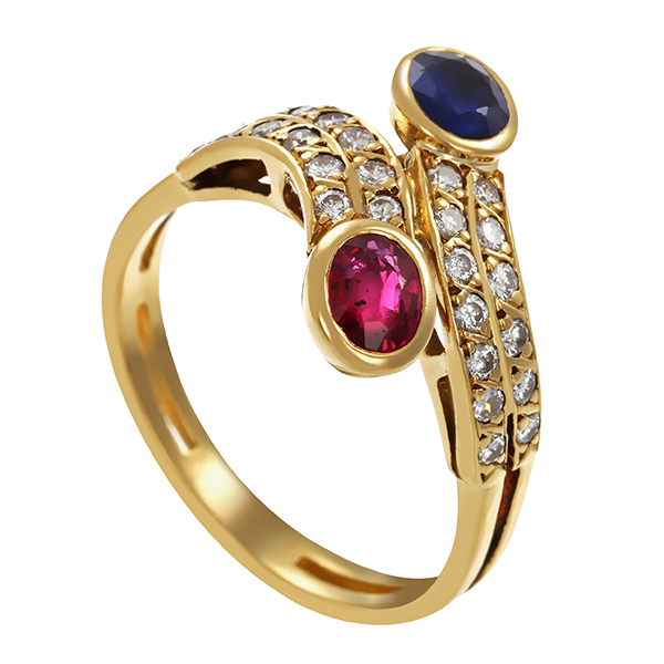 Ring, 18K, Gelbgold, Saphir, Rubin, Brillanten
