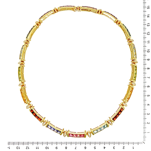 Collier 750 / 67,60gr Gelbgold  L 41cm Fremdzertifikat  51 Brill. z.ca.  1,02ct  W (H) VS-SI 20 Turmaline 8 Amethyste 4 Topase 8 Peridot 8 Citrine 8 Granate 4 Tansanite 8 Aquamarine
