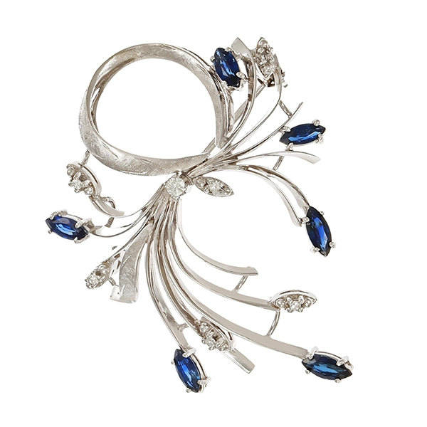 Brosche, 18K, Weißgold, Brillant, Diamant, Saphir