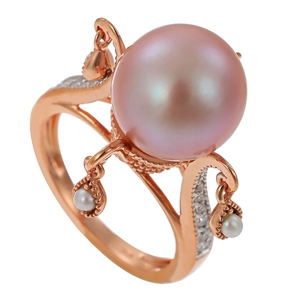Ring, 10K, Weiß-/Rotgold, Perlen, Brillanten