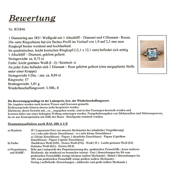 Diamantring, 14K, Weißgold, Diamant 0,75 ct, Diamantrosen