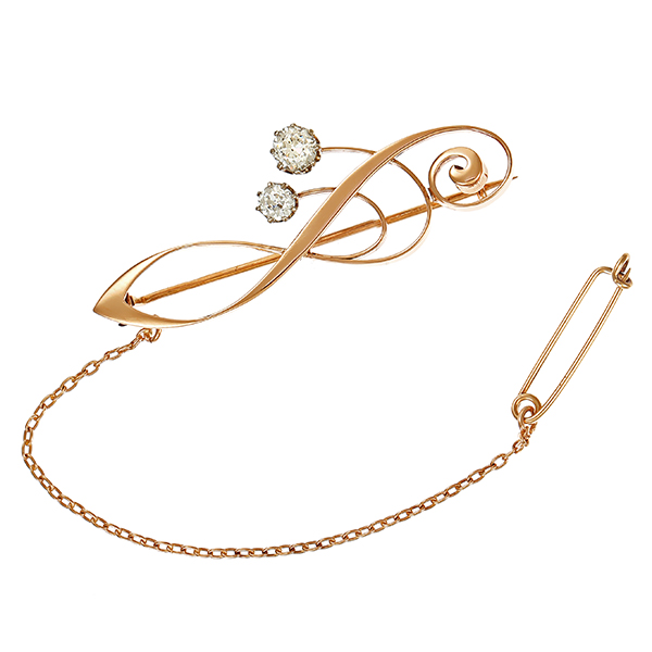 Brosche, 14K, Gelb-/Weißgold, Diamanten, Judendstil