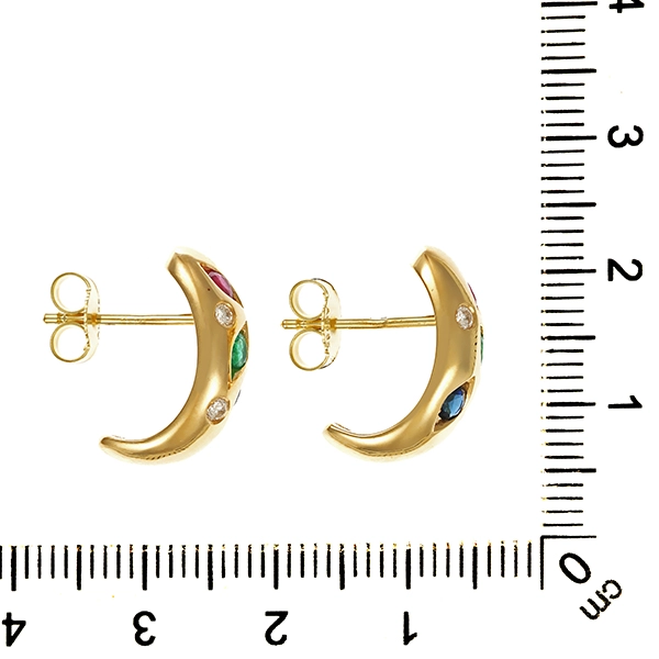 Ohrstecker, 14K, Gelbgold, Smaragd, Rubin, Saphir