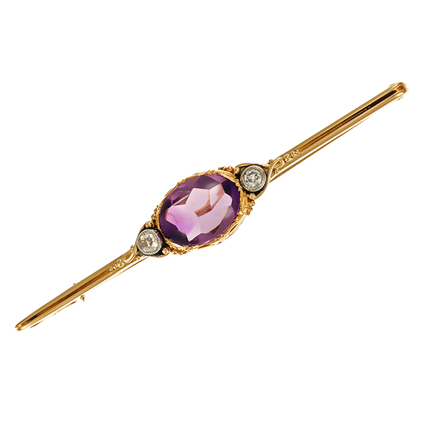 Brosche, 14K, Gelbgold, Amethyst, Diamanten