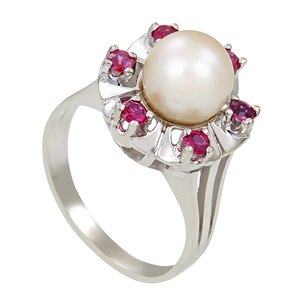 Ring, 14K, Weißgold, Perle, Rubine