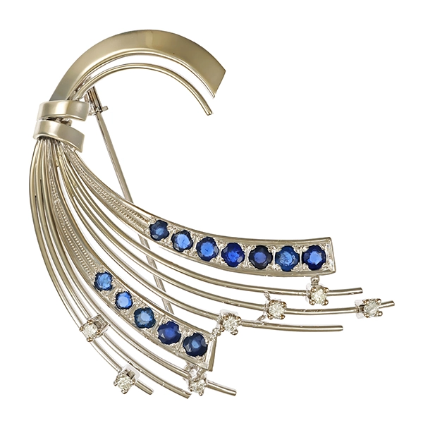Brosche, 14K, Weißgold, Saphire, Brillanten