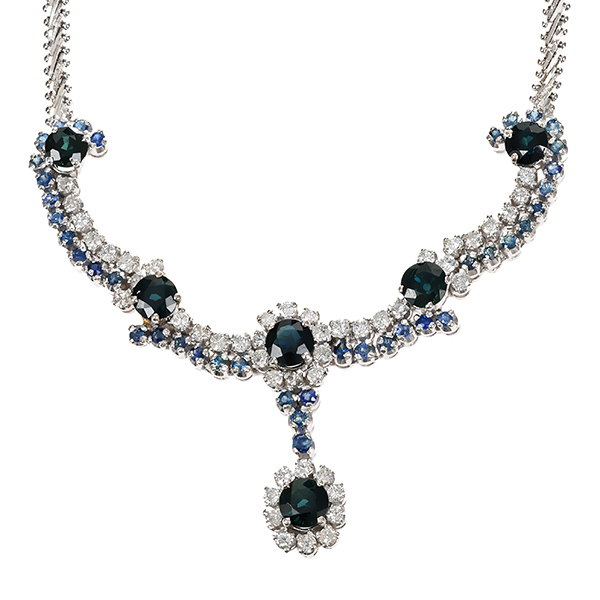 Collier, 18K, Weißgold, Saphire, Brillanten