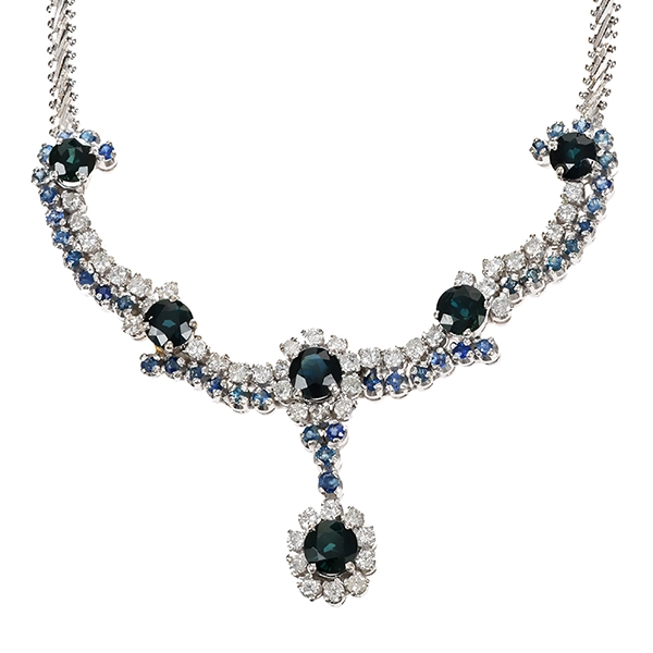 Collier, 18K, Weißgold, Saphire, Brillanten