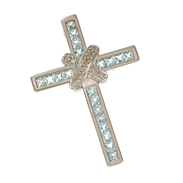 Anhänger, 9K, Weißgold, Aquamarin, Diamant, Kreuz