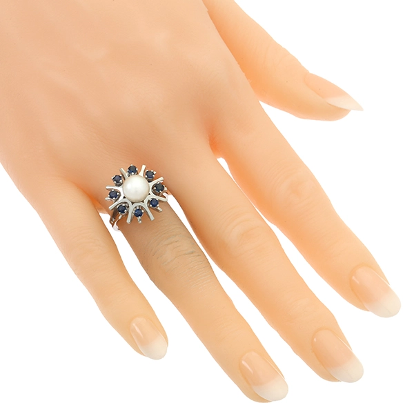 Ring, 14K, Weißgold, Perle, Saphire