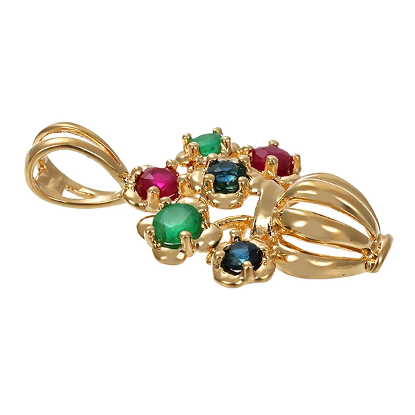 Anhänger, 14K, Gelbgold, Smaragd, Saphir, Rubin