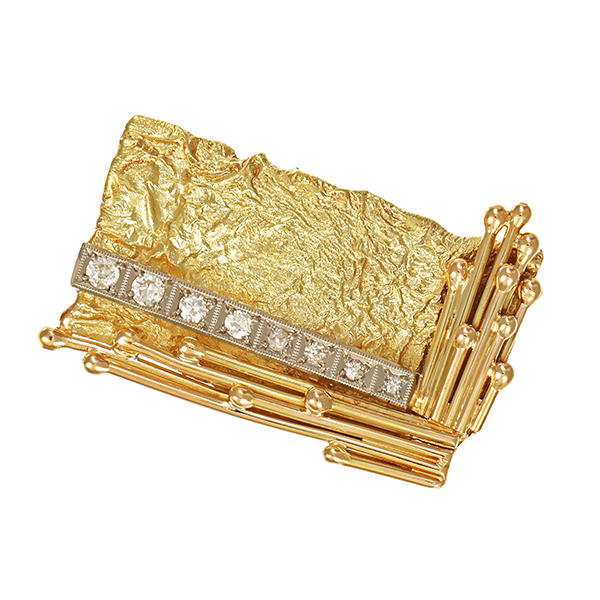 Brosche, 14K, Gelb-/Weißgold, Diamanten, Antik