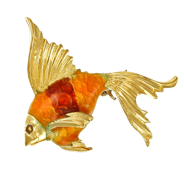 Brosche, 18K, Gelbgold, Fisch mit Emaille