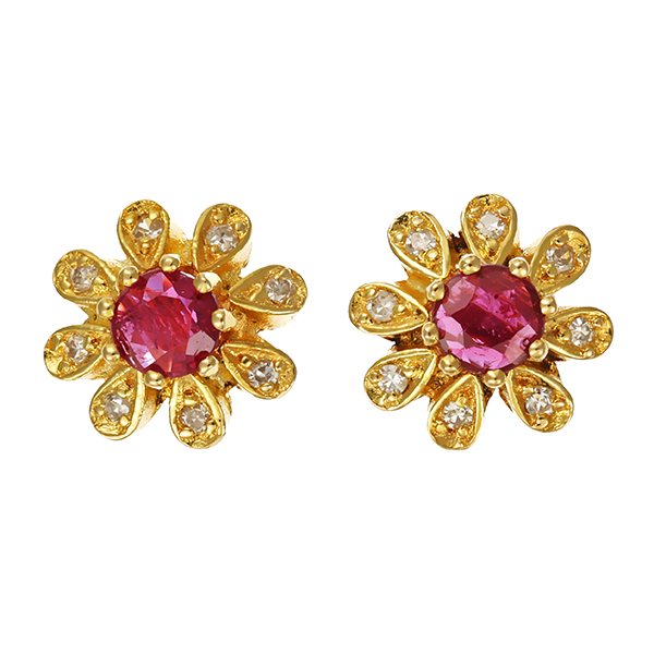 Ohrstecker, 14K, Gelbgold, Rubine, Diamanten