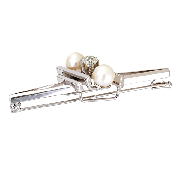 Brosche, 14K, Weißgold, Zuchtperlen, Diamant