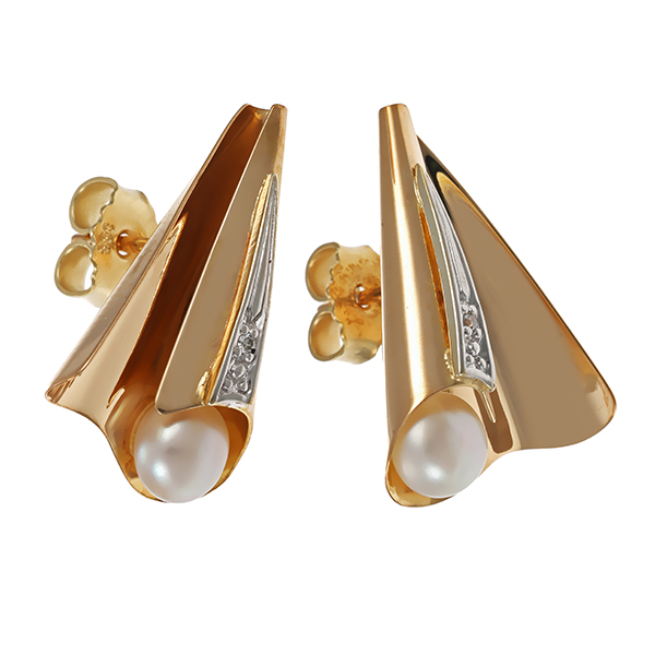 Ohrstecker, 8K, Gelbgold, Perlen, Diamanten