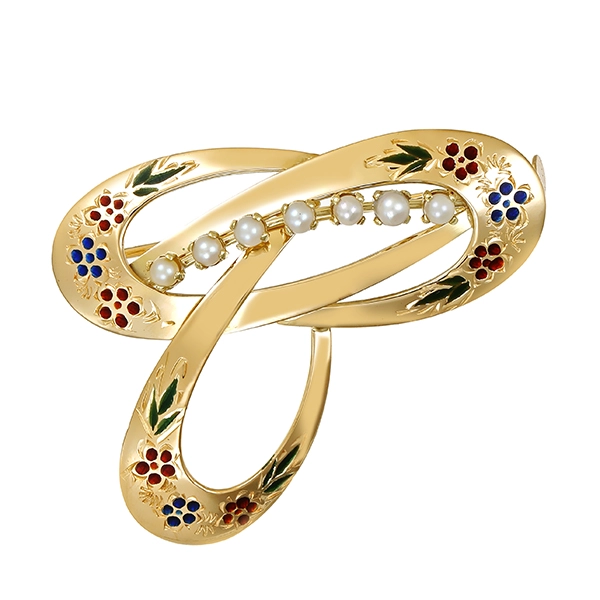 Brosche, 14K, Gelbgold, Emaille, Perlen
